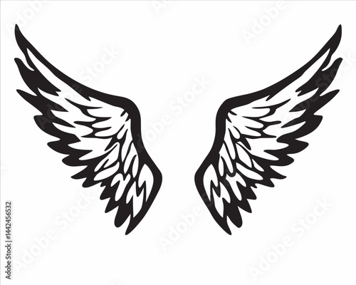 Majestic black and white wings soaring high, symbolizing freedom, hope, and spiritual flight against a stark white background.