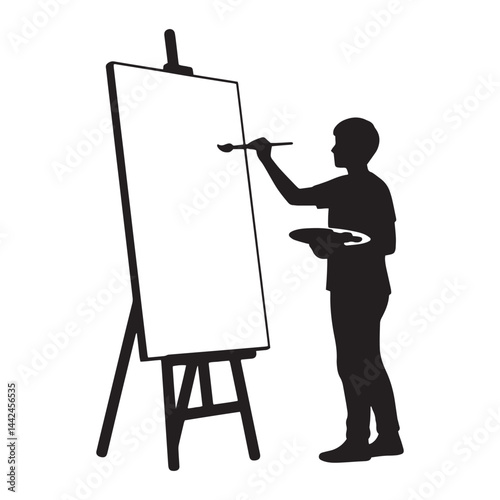 Professional artist painting on easel in creative studio black vector silhouette
