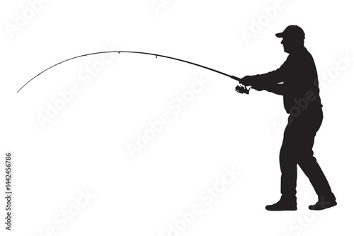 Man fishing with rod in outdoor nature setting vector silhouette artwork