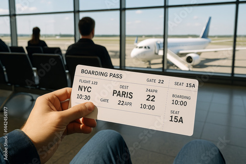Traveler holding a boarding pass in front of an airport window with airplane outside. Ready to fly. photo
