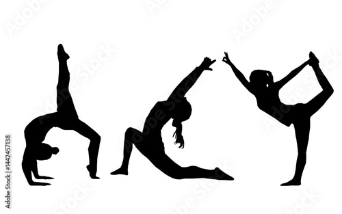 Silhouttes of yoga. Silhouttes of yoga poses. Collection of yoga poses. Woman yoga silhouttes. Asana set. Sport Women Silhouettes.