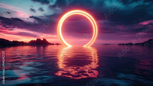 A glowing circular light reflecting onto calm water at sunset