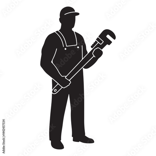 Plumber holding heavy pipe wrench for plumbing maintenance silhouette vector illustration