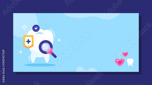 dental clinic banner. dental health check and dental hygiene care. specialist dentist. illustration of clean white teeth with shield and magnifying glass. horizontal blue background. elements