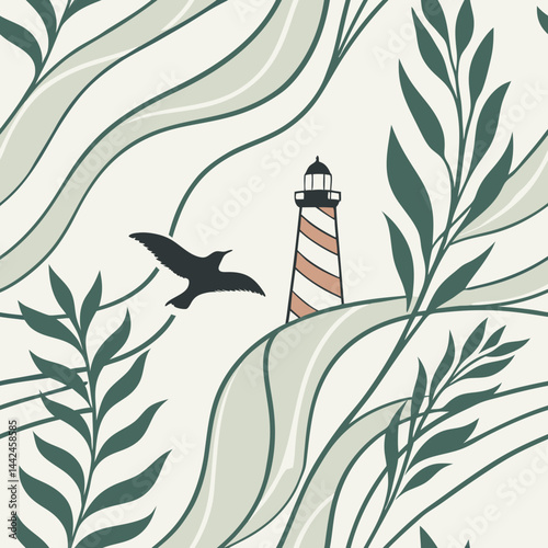 Seamless vector pattern of a lighthouse and foliage  