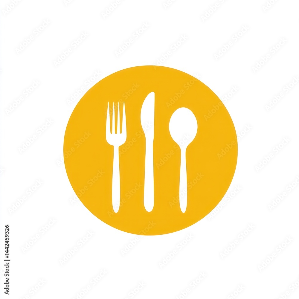 Dining Utensils Icon on Yellow Circle Dining Utensils Icon on Yellow Circle