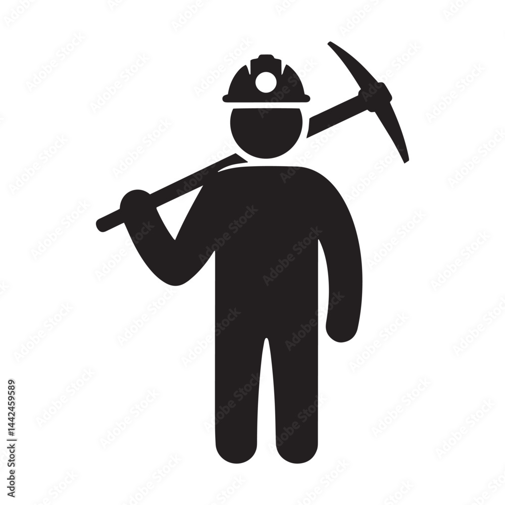 Obraz premium Underground miner holding pickaxe and wearing safety helmet silhouette vector artwork