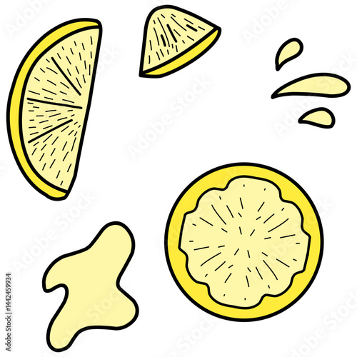 Close up of hand drawn lemon and slices with citrus acids splatting everywhere. Lemon and splat doodle cartoon.