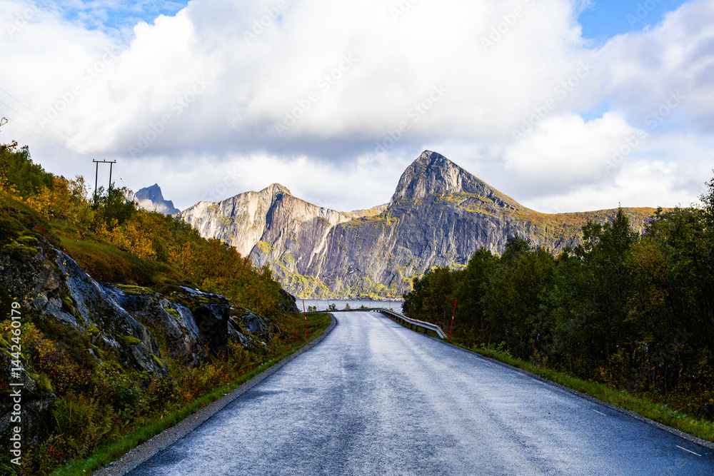 Autumn landscape of Senja Island in Northern Norway with colorful foliage, mountains, and a serene fjord.