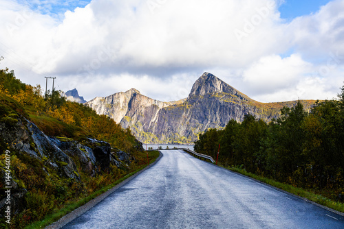 Obraz na płótnie Autumn landscape of Senja Island in Northern Norway with colorful foliage, mountains, and a serene fjord. w salonie