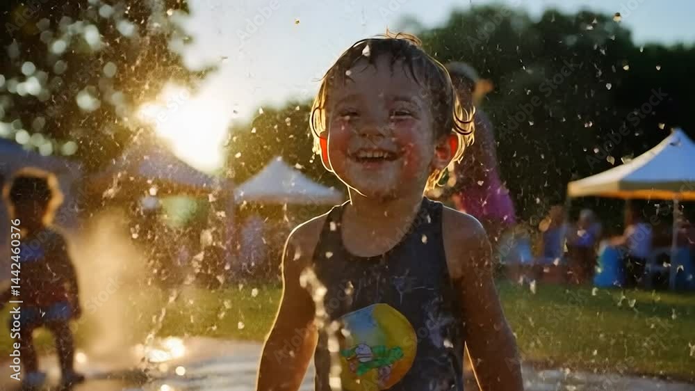 Happy child playing in water with splashing droplets during sunny evening. Other kids and trees in background. Capture of a video scene Happy child playing in water with splashing droplets during sunny evening. Other kids and trees in background. Capture of a video scene