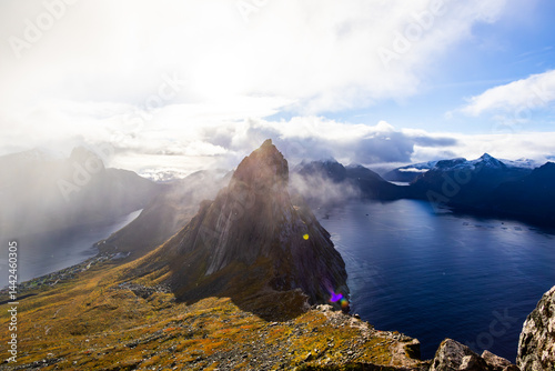 Obraz na płótnie Stunning autumn landscape of Segla Mountain in Senja Island, Northern Norway, with dramatic cliffs and fjords. w salonie