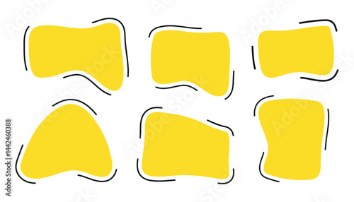 Organic shape text frames. Vector set of abstract yellow speech bubbles. Wavy rectangular, square textboxes.