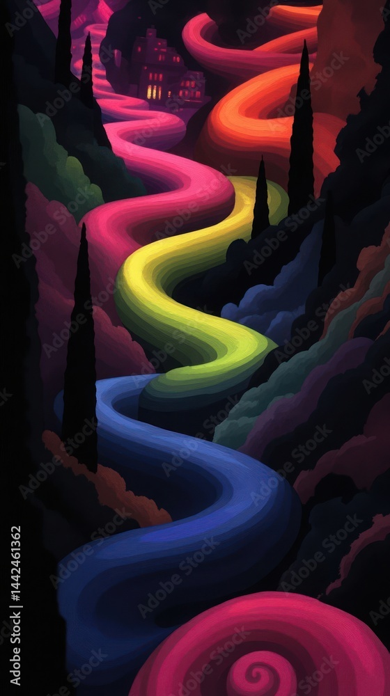 Obraz premium A vibrant, winding river flows through colorful hills towards a distant glowing village.