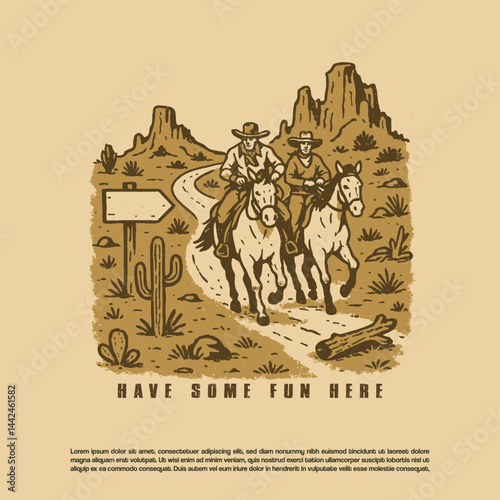 Vintage hand drawn two cowboy riding his horse in western style vector illustration