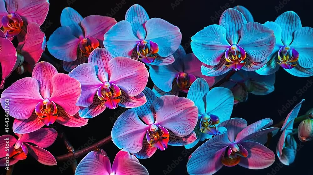 Vibrant orchids in shades of blue and pink against a dark background, creating a striking visual contrast