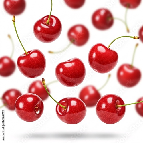 Cherries floating in the air on white background