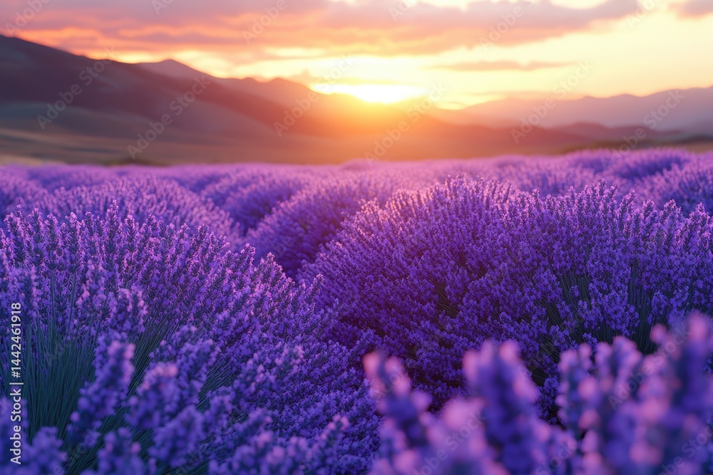 Fototapeta premium Lush lavender field at sunset over rolling hills.
