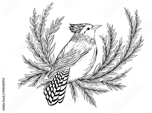 Bird perched among foliage in detailed line art illustrating nature's beauty and simplicity