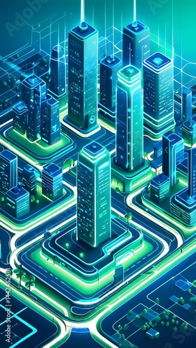 A cityscape with tall buildings and a green street. The buildings are lit up and the street is illuminated. Scene is futuristic and modern