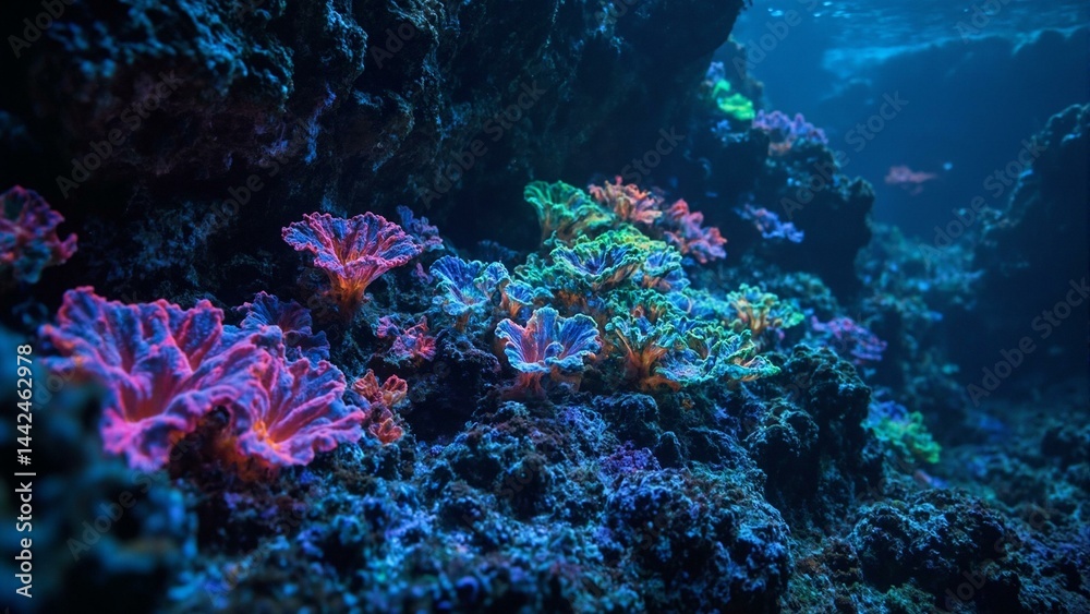 Fototapeta premium Glowing cybernetic coral formations illuminate a submerged cavern with vibrant violet, blue, and green colors.