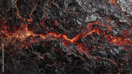 Fractured marble texture reveals crimson and black veins, like frozen volcanic eruption within a dark grotto.
