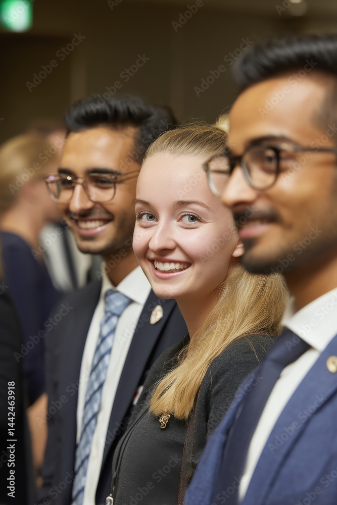 Obraz premium A photograph shows happy business professionals standing at their workplace