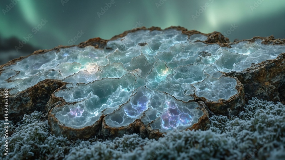 Obraz premium Petrified wood, moonstone veins, swirling patterns, jade surface, moss, aurora borealis, ethereal glow.