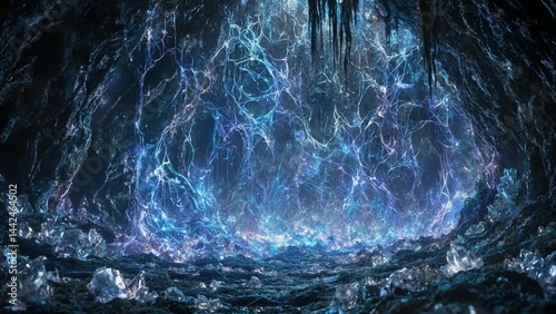 Glowing spider silk weaves intricate patterns within a cavern, illuminated by an ethereal light.