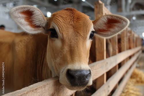 A cow is peacefully chewing cud while being milked on a dairy farm, surrounded by wooden barriers and soft lighting Generative AI