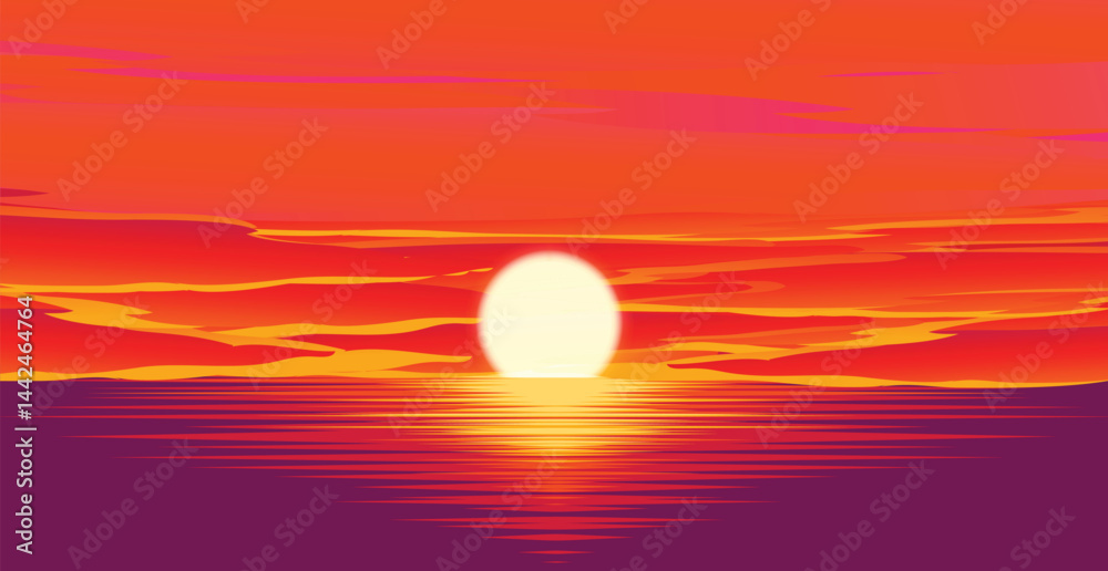 Vivid Sunset Over Water with Colorful Clouds and Reflections Vector. Vivid Sunset Over Water with Colorful Clouds and Reflections Vector.