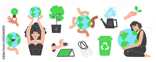 Earth Day elements set with eco symbols, recycling icons and renewable energy illustrations. Flat vector design for sustainability projects and nature protection concepts.