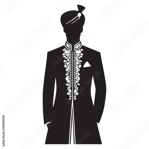 Groom's Sherwani silhouette, tailored for wedding elegance – Sherwani illustration – Minimalist Sherwani vector – Men's dress silhouette

