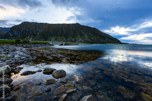 Obraz na płótnie Autumn landscape in Lofoten Islands, Northern Norway, featuring colorful foliage, and a peaceful fjord. w salonie