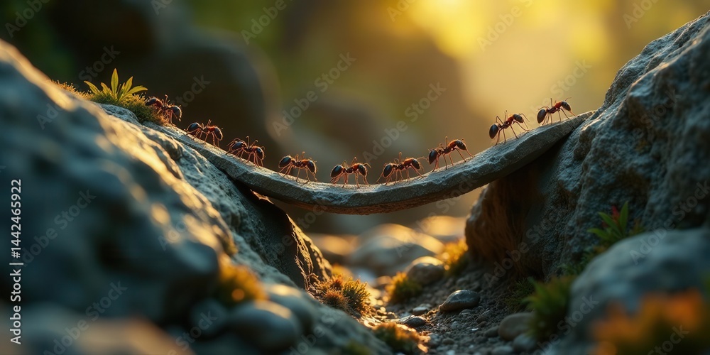 A Team of Ants Collaboratively Crosses a Rocky Ravine at Golden Hour A Team of Ants Collaboratively Crosses a Rocky Ravine at Golden Hour