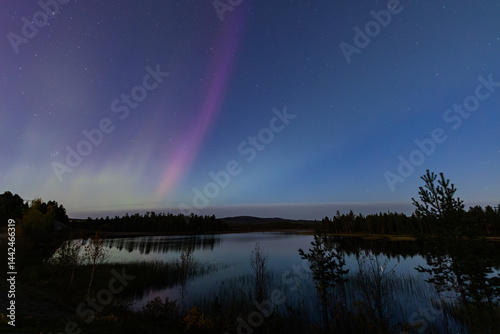 Obraz na płótnie Northern lights in Kiruna, Sweden, reflecting on calm water in September with stars and forest in the background. w salonie