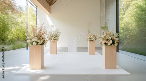 Elegant floral arrangements on wooden pedestals in a minimalist indoor setting with natural light, serene atmosphere, and wedding or event decor concept.