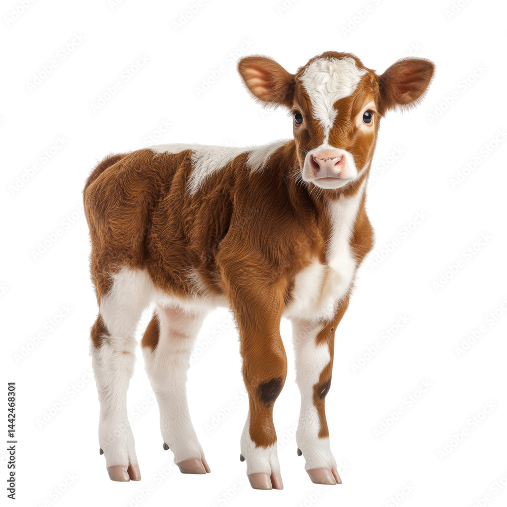 Cute brown and white calf standing, side view, isolated on transparent background, no shadow, baby farm animal cut out