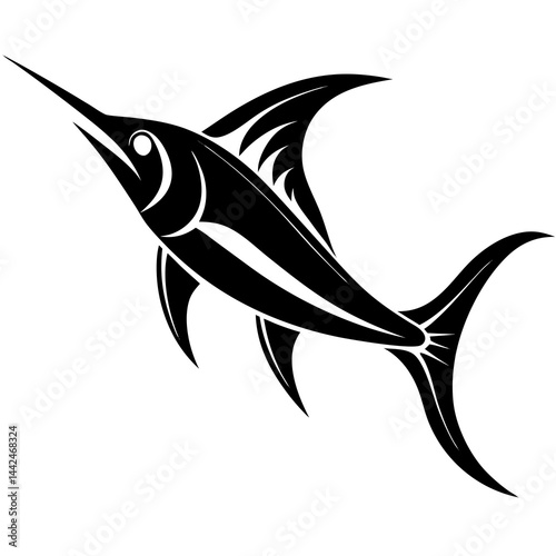 Black and white illustration, stylized marlin fish, long pointed snout and extended dorsal fin, tribal influence, sharp motion, bold vector design, white background.