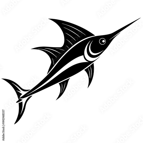Black and white illustration, stylized marlin fish, long pointed snout and extended dorsal fin, tribal influence, sharp motion, bold vector design, white background.