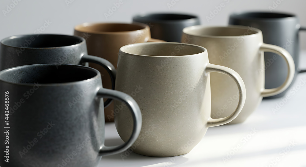 An elegant array of minimalist ceramic mugs is showcased in soft, natural ligh An elegant array of minimalist ceramic mugs is showcased in soft, natural ligh