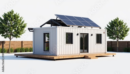 Create a high quality isolate image of a minimalist container home with solar panels mounted on the rooftop, placed centrally on a pure white background (RGB 255, 255, 255)