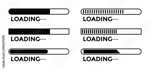Loading bar icons. Set of Loading progress bar. featuring various load bars and circular indicators on white background
