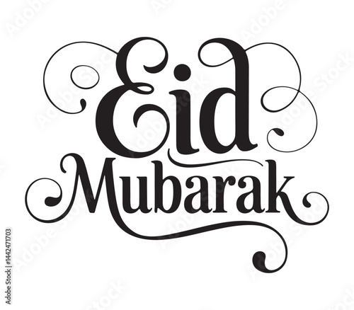  Elegant Eid Mubarak calligraphy with artistic swirls and flourishes typography on white background for festive celebrations.