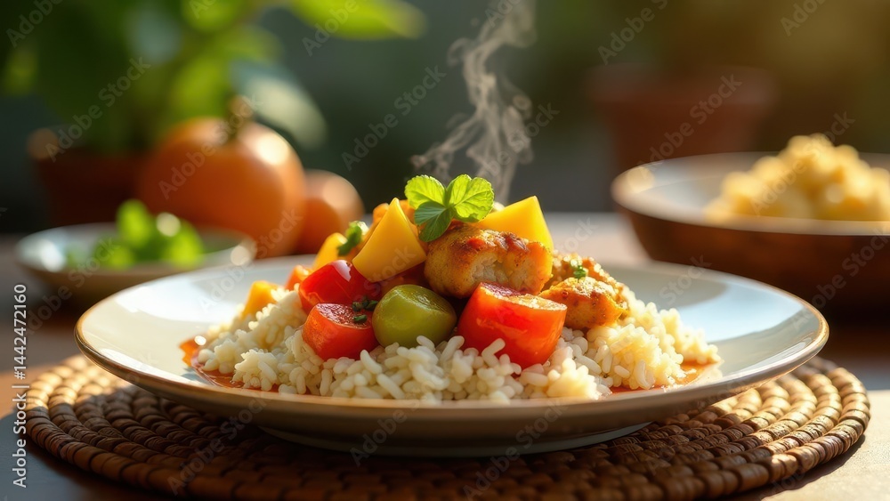 Savory Chicken and Rice Dish with Steaming Mango Salsa and Fresh Herbs on a Plate Savory Chicken and Rice Dish with Steaming Mango Salsa and Fresh Herbs on a Plate