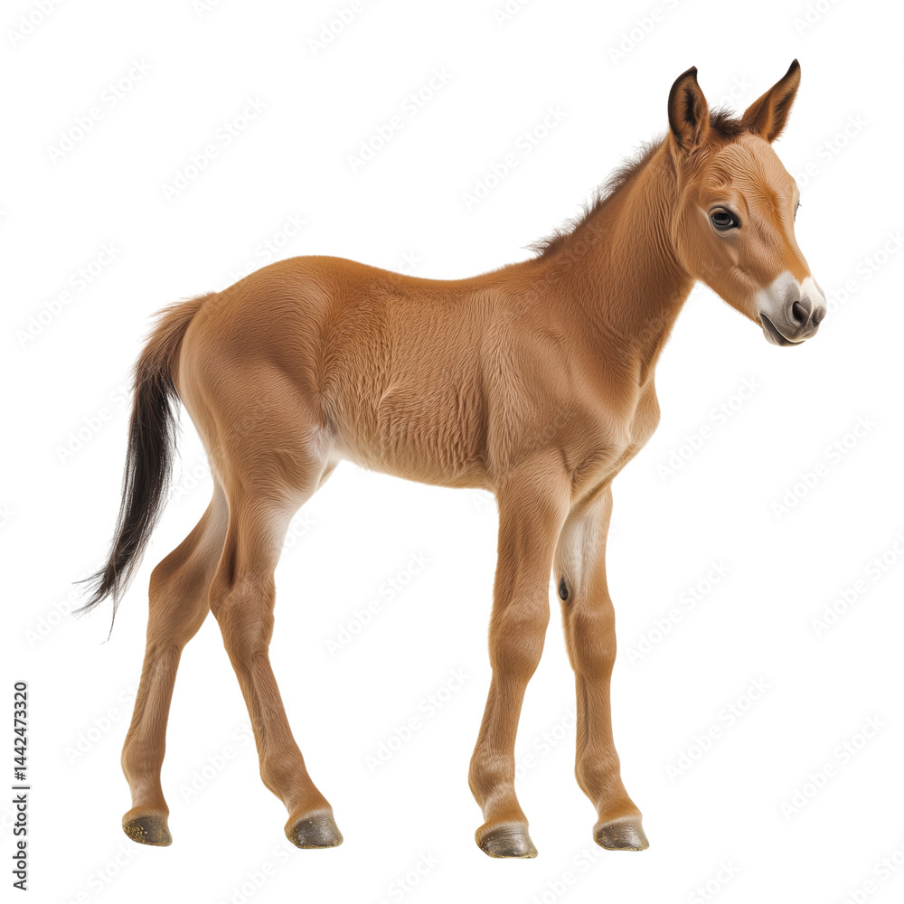 Young brown foal standing alert, full body side view, isolated on transparent background, no shadow, detailed animal cutout.