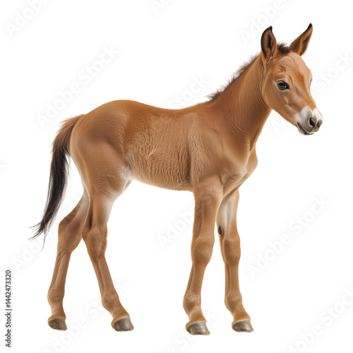 Obraz na płótnie Young brown foal standing alert, full body side view, isolated on transparent background, no shadow, detailed animal cutout. w salonie