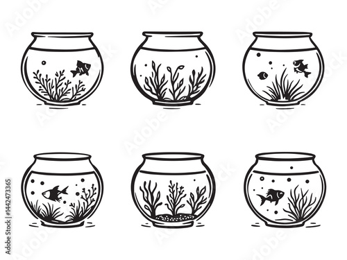 line art fishbowl illustration with fish swimming