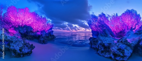 A beautiful blue ocean with purple coral and a sunset in the background