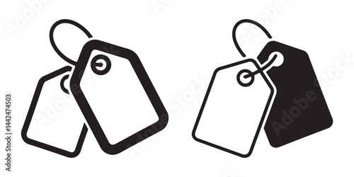 Minimalistic black and white illustration of two price tags in outline and solid style isolated on white background.